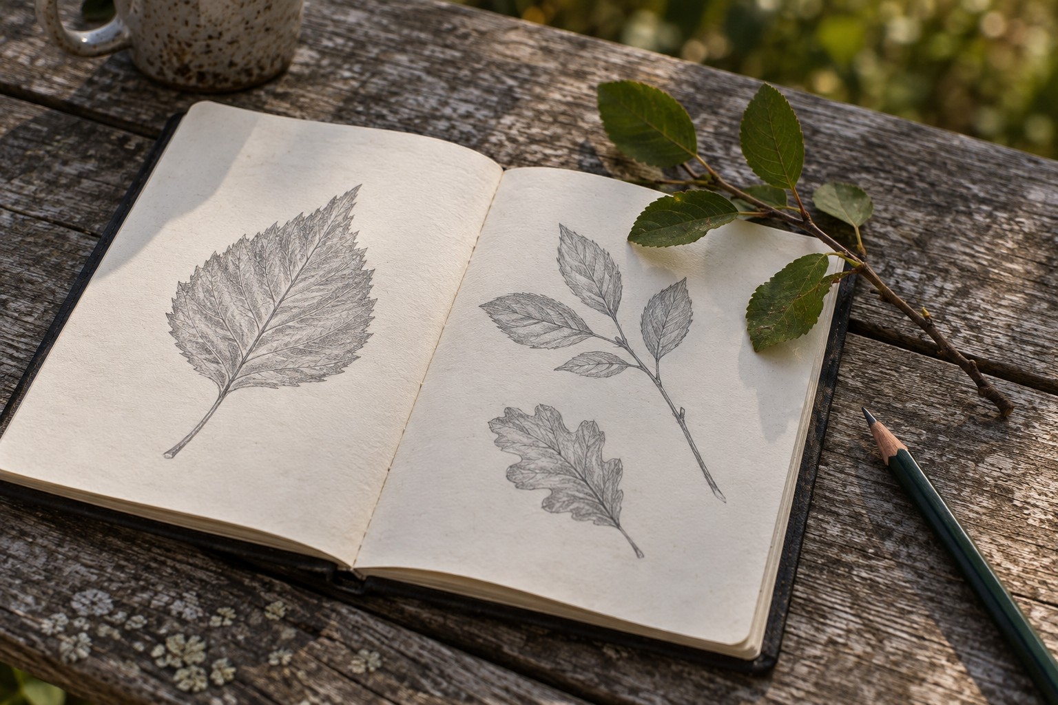A sketchbook and pencil on a wooden table.