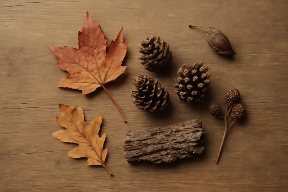 A small collection of autumn leaves, pinecones, and seedpods on a wooden table