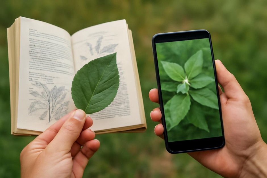 A hand holding a leaf beside a field guide and a smartphone showing a plant photo