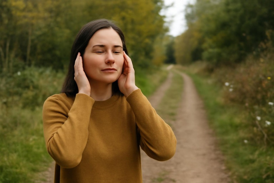 Person standing on a trail with eyes closed, listening