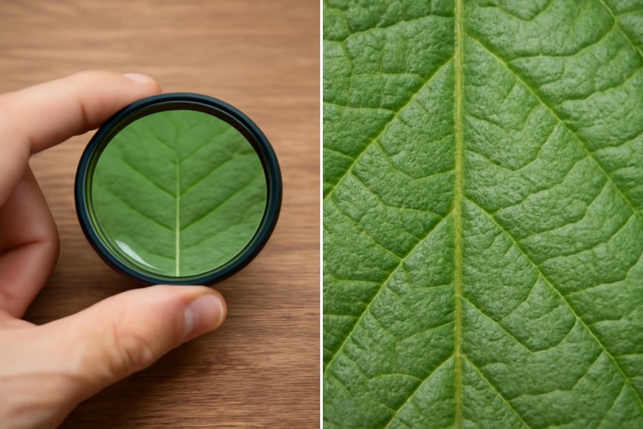 Close-up of a leaf viewed through a hand lens and a macro photograph of the same leaf side by side