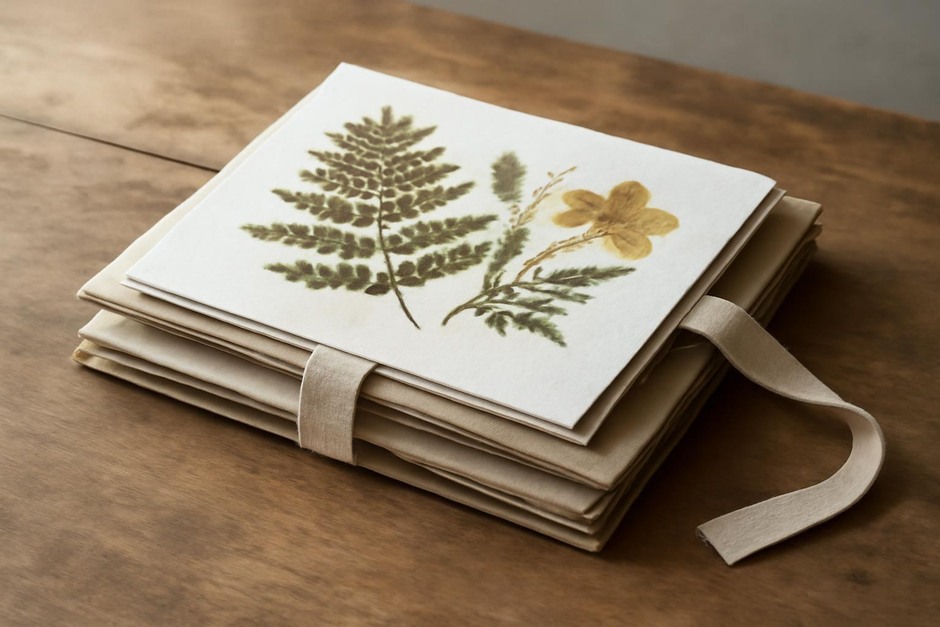 A small stack of pressed plants between blotting paper and cardboard with a strap beside them
