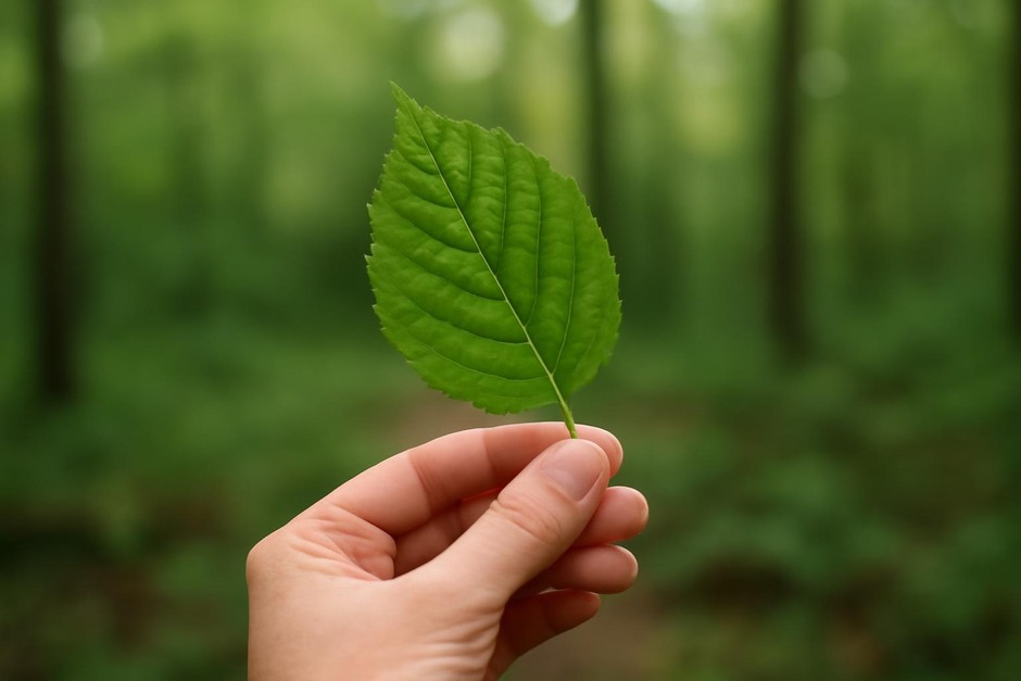 Close-up of a hand holding a leaf against a woodland background