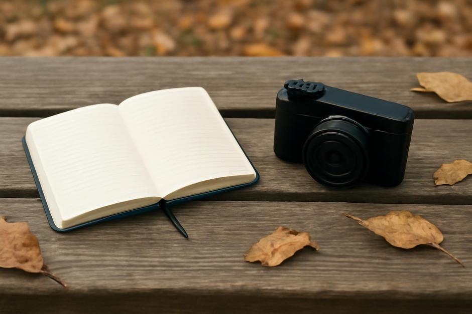 A small notebook and a compact camera resting on a wooden bench beside fallen leaves
