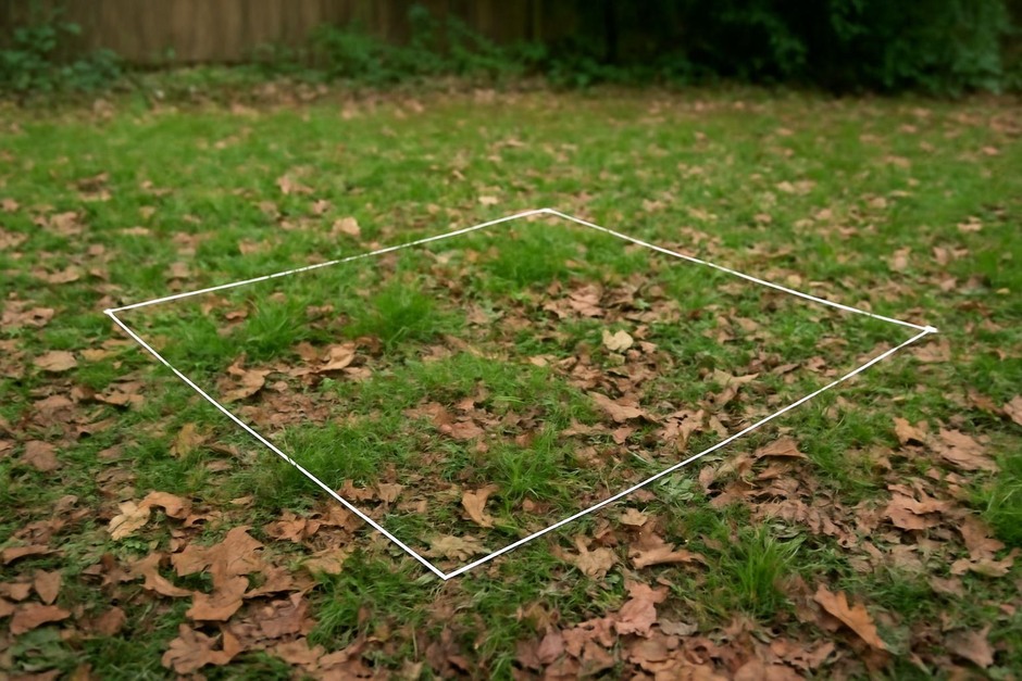 A small plot of grass and leaf litter in a backyard, marked with a string square