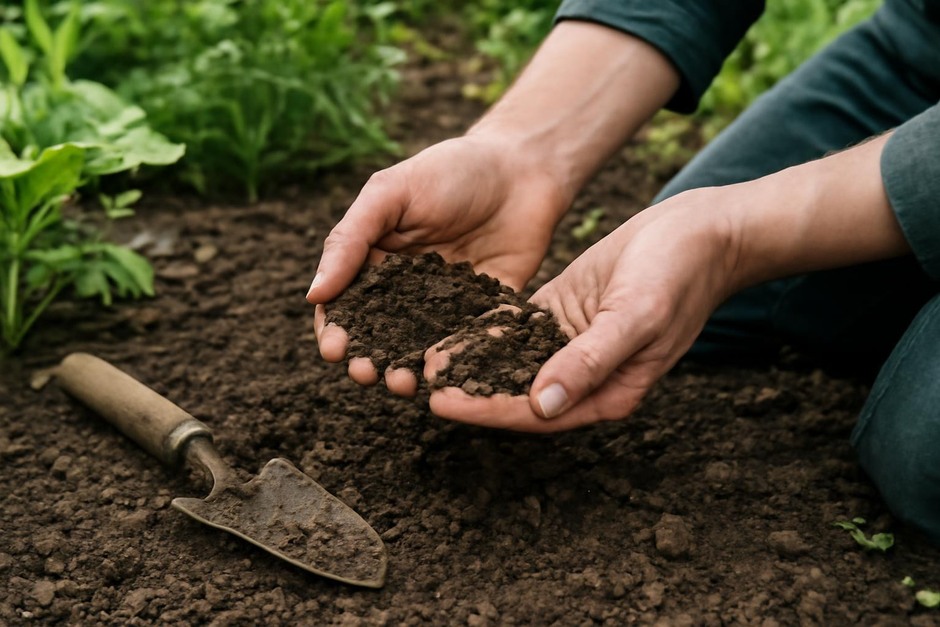 Hands testing soil in a garden