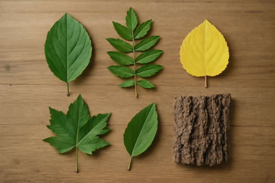 Close-up of various tree leaves and bark samples laid out on a table
