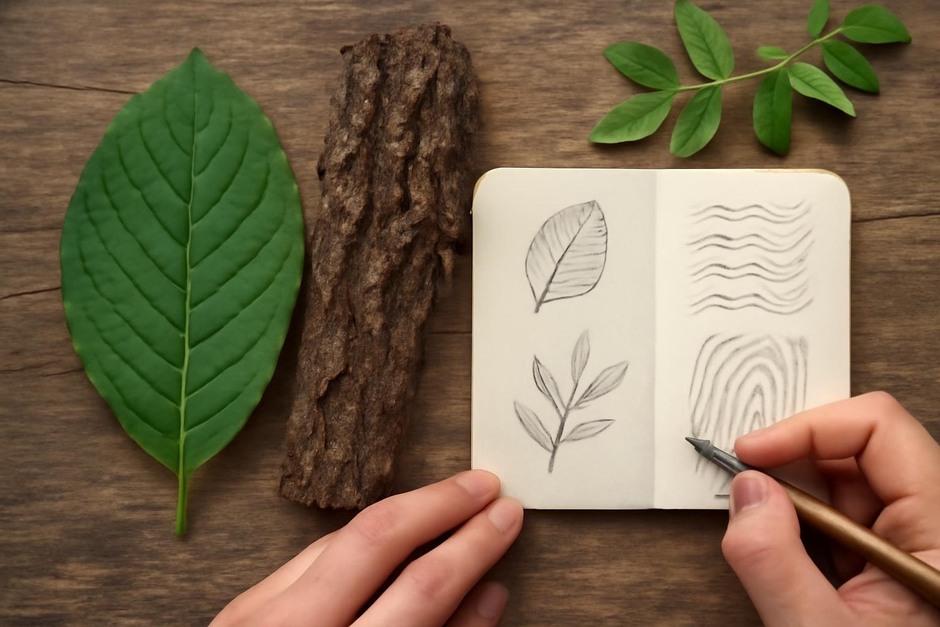 Close-up of leaves, bark, and a small field notebook with sketches