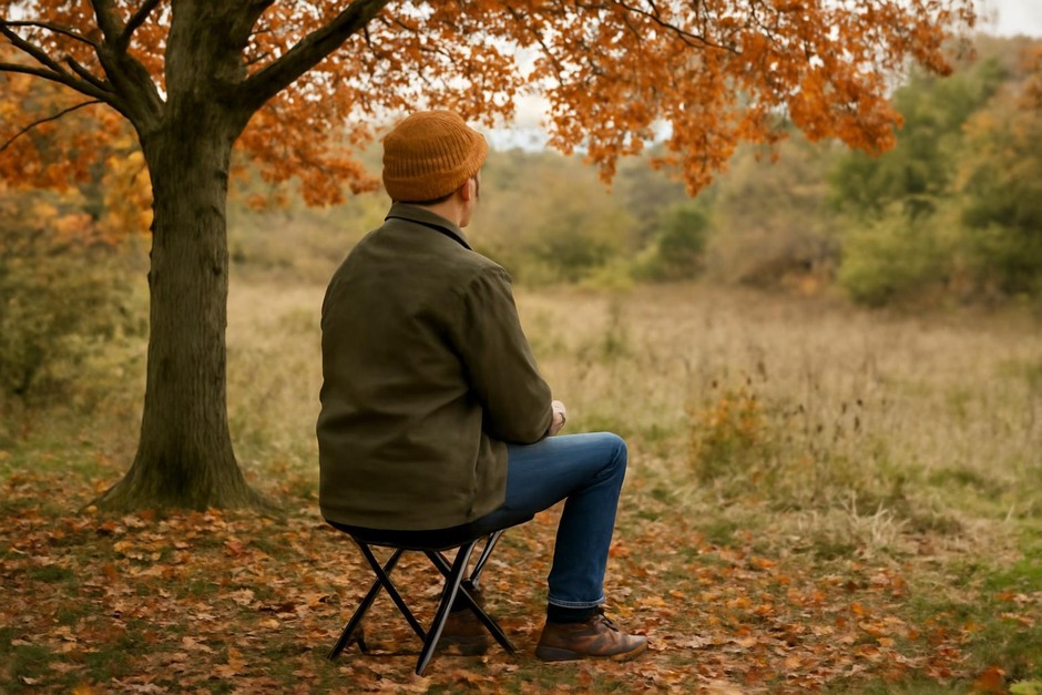 Person sitting quietly on a low folding stool beneath a tree in autumn